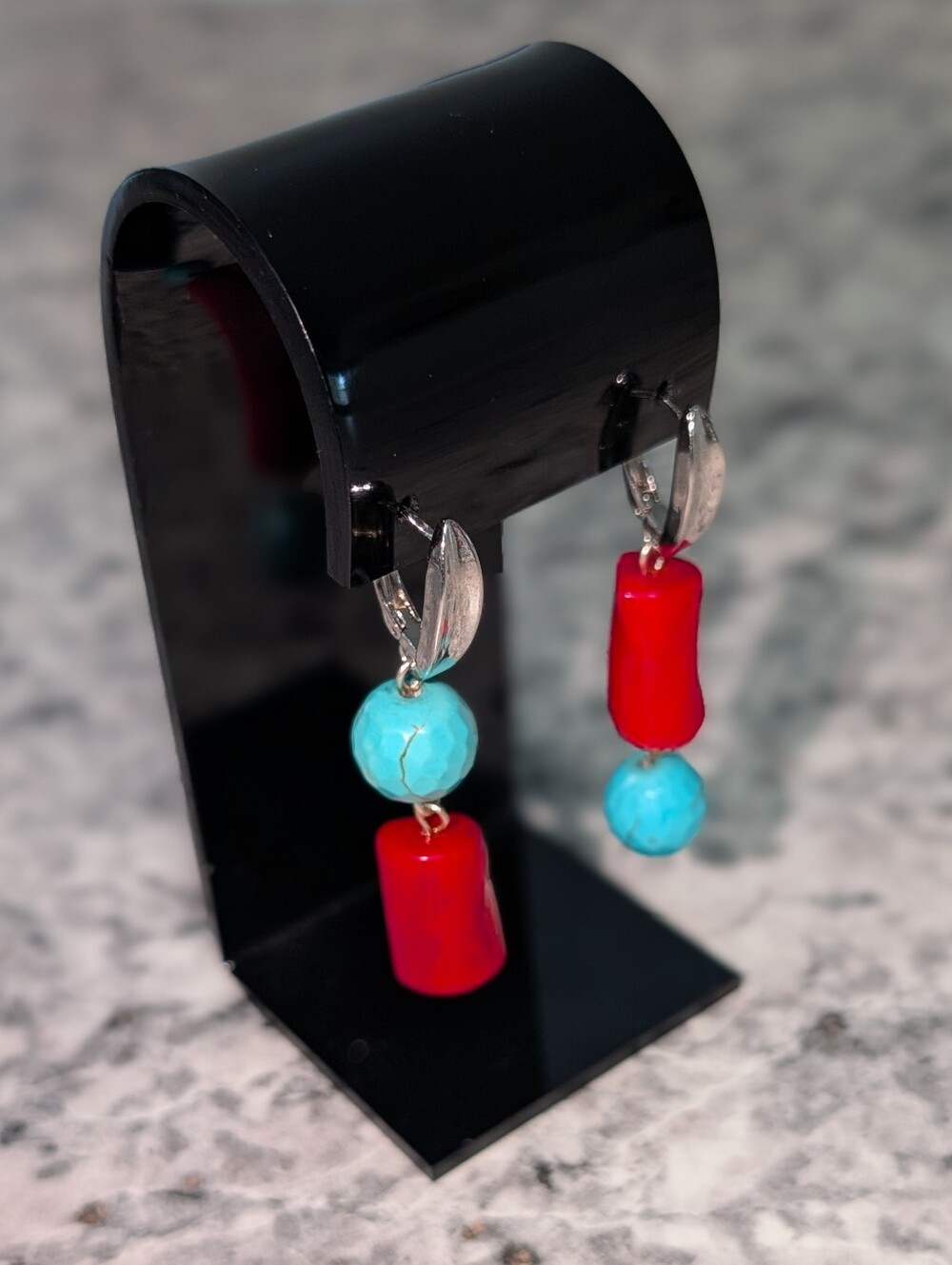 Vibrant Red  Coral & Turquoise Bead Drop Earrings With Silver 925 Stamped Accent